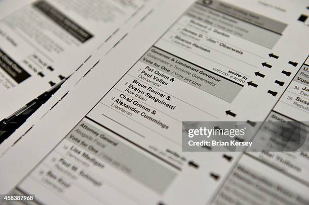 An unused ballot waits for a voter on the check-in table at a polling place on November 4, 2014 in Park Ridge, Illinois. Illinois voters are...