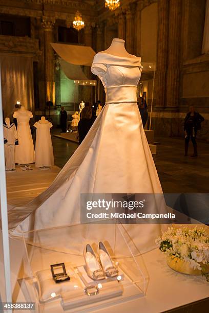 The wedding dress of Princess Victoria of Sweden designed by PÃ¤r Engsheden is seen on display during an exhibition at the Royal Palace on October...