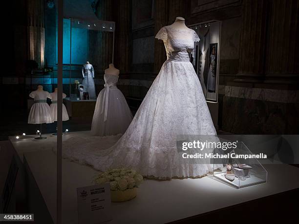 The wedding dress of Princess Madeleine of Sweden designed by Valentino Garavani is on display during an exhibition at the Royal Palace in Stockholm,...