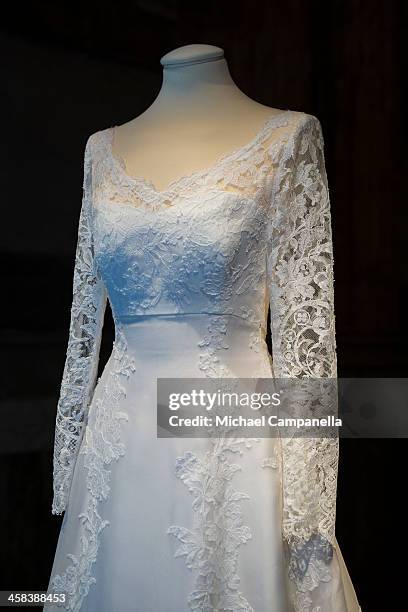 The wedding dress of Princess Sofia of Sweden designed by Ida Sjostedt is seen on display during an exhibition at the Royal Palace on October 17,...