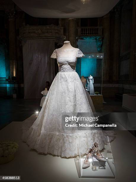 The wedding dress of Princess Madeleine of Sweden designed by Valentino Garavani is seen on display during an exhibition at the Royal Palace on...