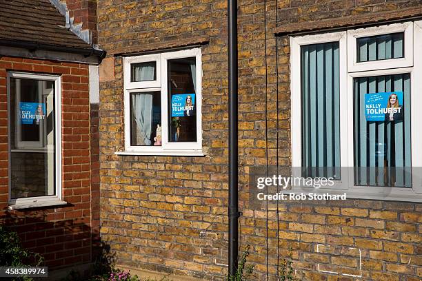 Campaign posters for Conservative parliamentary candidate Kelly Tolhurst are seen in the window of a house on November 4, 2014 in Rochester, England....