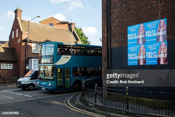 Campaign posters for Conservative parliamentary candidate Kelly Tolhurst are seen in the town centre on November 4, 2014 in Rochester, England....