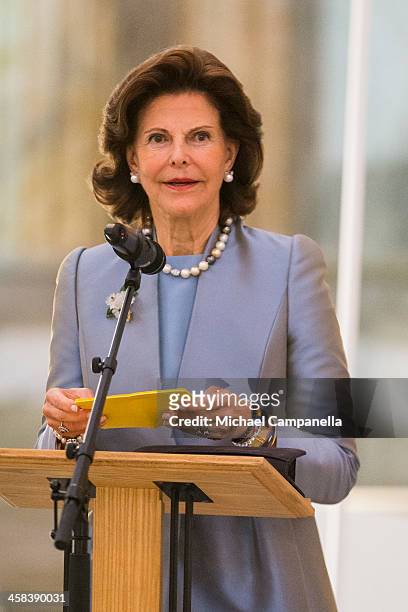 Queen Silvia of Sweden attends an exhibition of royal wedding dresses at the Royal Palace on October 17, 2016 in Stockholm, Sweden.