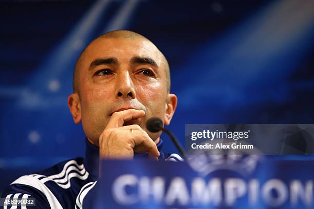 Head coach Roberto di Matteo attends a FC Schalke 04 press conference ahead of their UEFA Champions League Group G match against Sporting Club de...