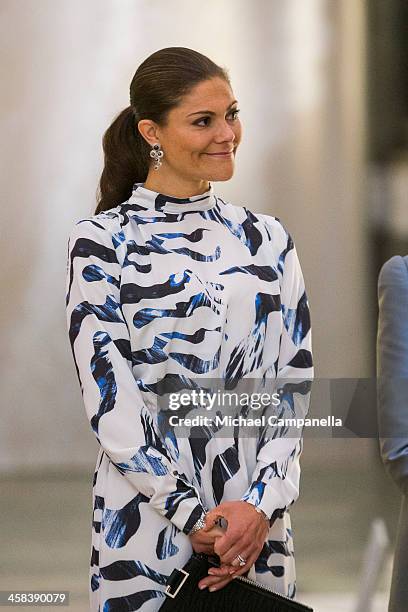 Crown Princess Victoria of Sweden attends an exhibition of royal wedding dresses at the Royal Palace on October 17, 2016 in Stockholm, Sweden.