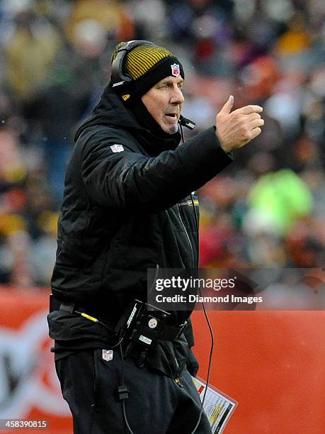 Defensive coordinator Keith Butler of the Pittsburgh Steelers delivers signals to the defense during a game against the Cleveland Browns on November...