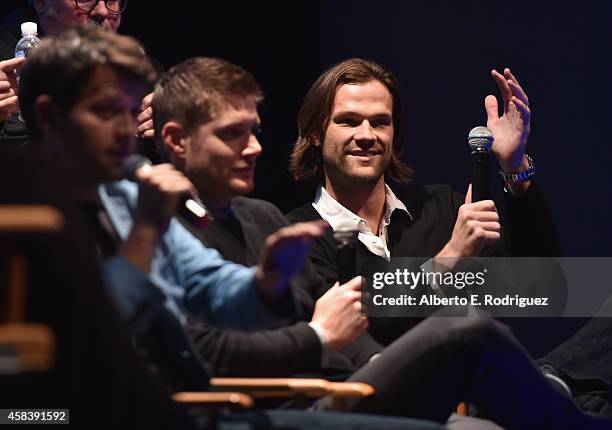 Actors Misha Collins, Jensen Ackles and Jared Padalecki attend the CW's Fan Party to Celebrate the 200th episode of "Supernatural" on November 3,...