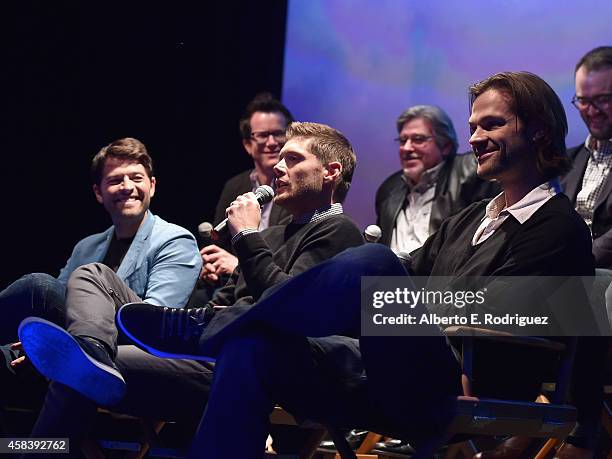 Actors Misha Collins, Jensen Ackles and Jared Padalecki attend the CW's Fan Party to Celebrate the 200th episode of "Supernatural" on November 3,...