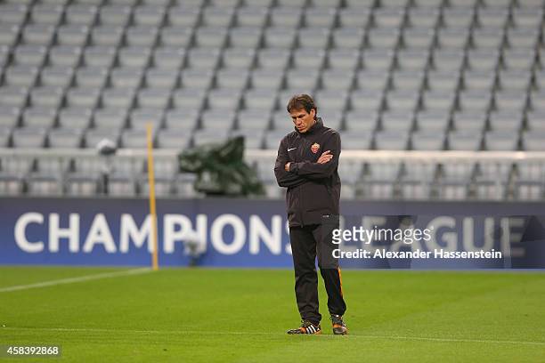 Rudi Garcia, head coach of AS Roma looks on during a AS Roma training session prior to their UEFA Champions League match against FC Bayern Muenchen...
