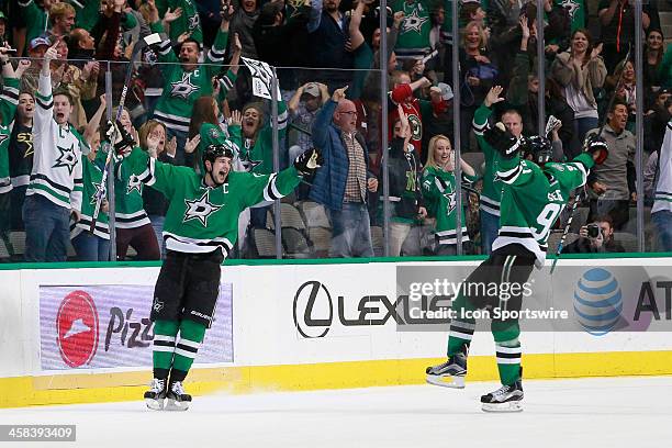 Dallas Stars Left Wing Jamie Benn celebrates his game winning during overtime of the NHL game between the Minnesota Wild and Dallas Stars on November...