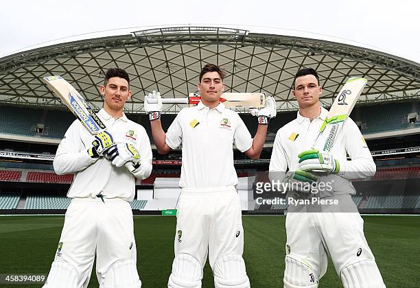 Nic Maddinson, Matt Renshaw and Peter Handscomb of Australia pose during a portrait session at Adelaide Oval on November 22, 2016 in Adelaide,...