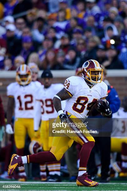 Niles Paul of the Washington Redskins carries the ball during the game against the Minnesota Vikings on November 2, 2014 at TCF Bank Stadium in...