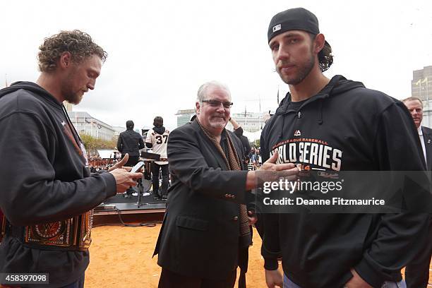 World Series Championship Parade: View of San Francisco Giants Madison Bumgarner and Hunter Pence victorious with general manager Brian Sabean during...