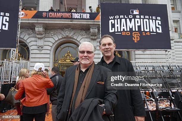 World Series Championship Parade: View of San Francisco Giants general manager Brian Sabean and manager Bruce Bochy victorious during civic...