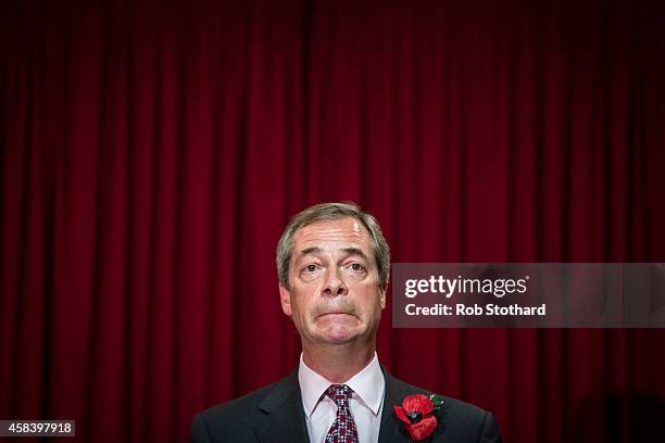United Kingdom Independence Party leader, Nigel Farage, speaks to members of the public at a sold-out public meeting at Hoo Village Institute on...