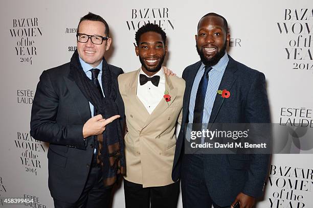 Francois Henry Bennahmias, Tinie Tempah and Dumi Oburota attend the Harper's Bazaar Women Of The Year awards 2014 at Claridge's Hotel on November 4,...