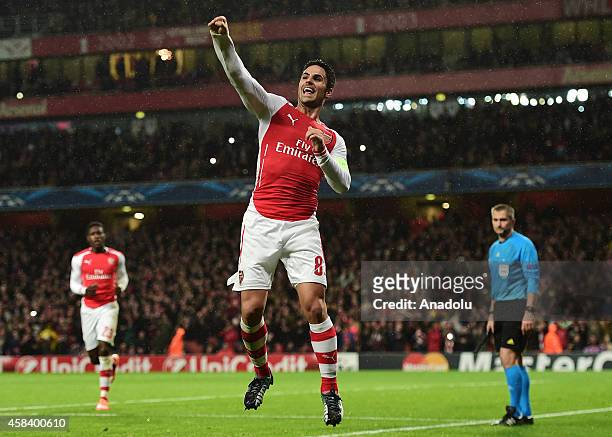 Mikel Arteta of Arsenal celebrates after scoring a goal during the UEFA Champions League Group D football match between Arsenal and Anderlecht at the...