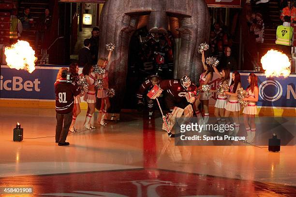 Players of HC Sparta Prague enter the ice during the Champions Hockey League round of 16 first leg game between Sparta Prague and Linkoping HC at...