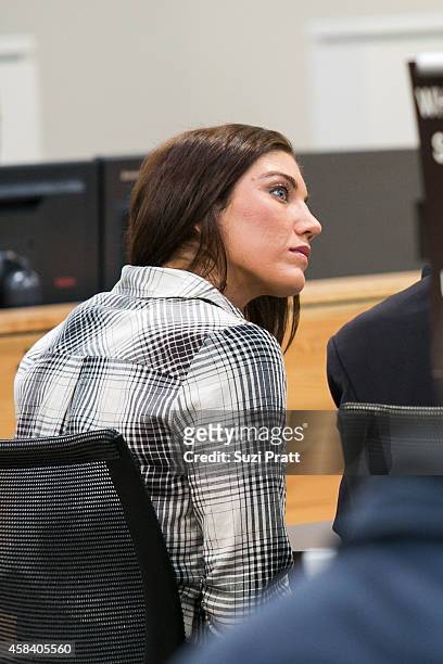 Olympic gold medalist Hope Solo appears in court at Kirkland Municipal Court on November 4, 2014 in Kirkland, Washington. Solo is charged with...
