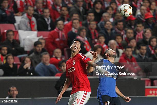 Benfica's midfielder Andre Almeida and Monaco's forward Yannick Ferreira-Carrasco during the UEFA Champions League match between SL Benfica and AS...