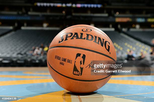 Close up shot of the official Adam Silver NBA Spaulding ball before a game between the Detroit Pistons and Denver Nuggets at the Pepsi Center on...