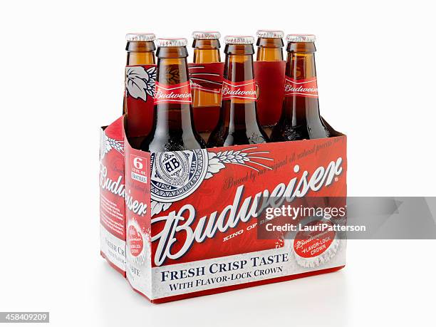 six pack of budweiser beer bottles - six pack stockfoto's en -beelden