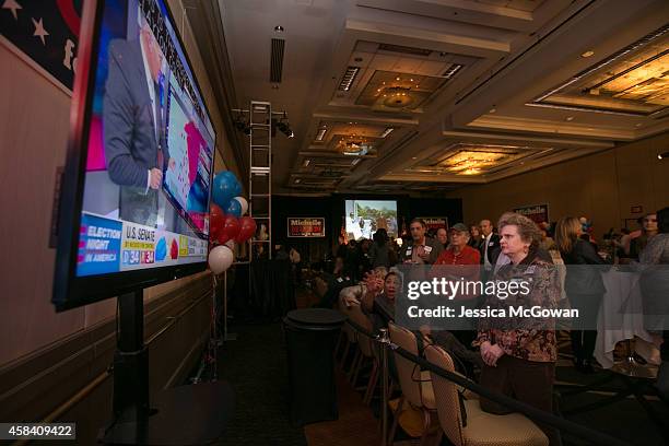 Supporters of Georgia Democratic U.S. Senate candidate Michelle Nunn watch early election results on a television with other supporters at the Hyatt...