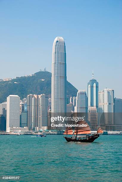 traditional chinese junkboat sailing across hong kong harbour - victoria harbour stock pictures, royalty-free photos & images