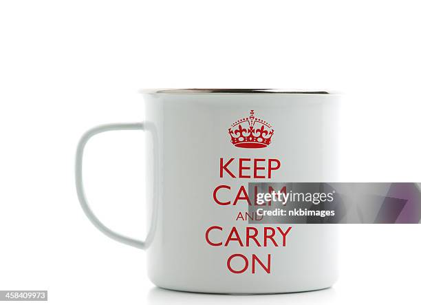coffee mug with british saying keep calm and carry on - keep calm and carry on stock pictures, royalty-free photos & images