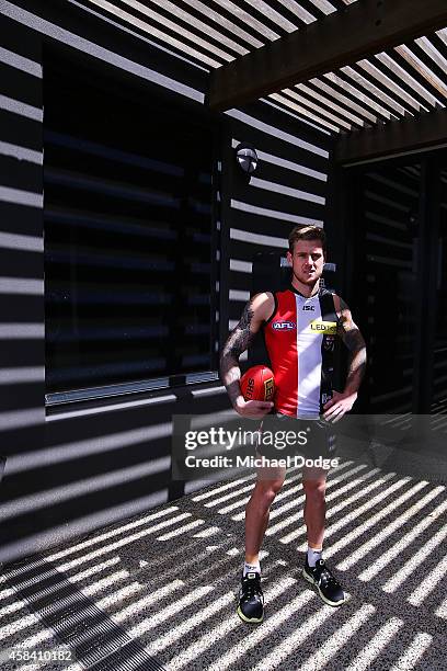 Saints newest recruit Tim Membrey poses during a St.Kilda Saints AFL media session at Linen House Oval on November 5, 2014 in Melbourne, Australia.