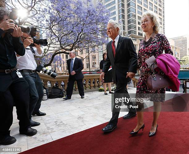 Former Australian Prime Minister Bob Hawke and his wife Blanche d'Alpuget arrive at the state memorial service for former Australian Prime Minister...