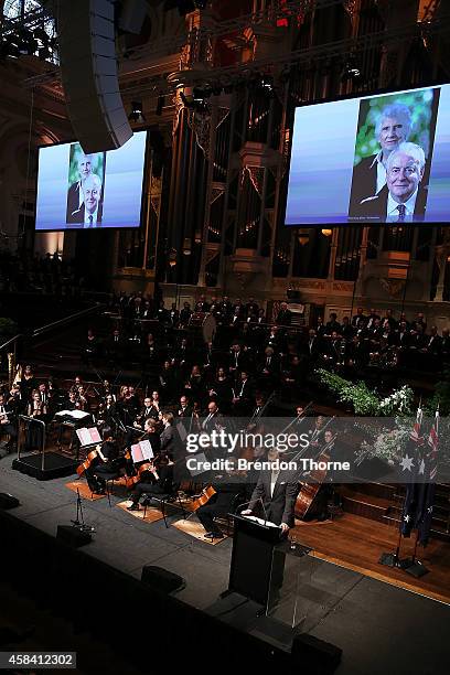 Anthony Whitlam speaks at the state memorial service for former Australian Prime Minister Gough Whitlam at Sydney Town Hall on November 5, 2014 in...