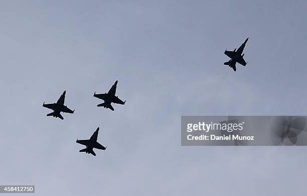 Hornets fly in 'Missing Man' formation during the memorial service of former Australian Prime Minister Gough Whitlam at Sydney Town Hall on November...