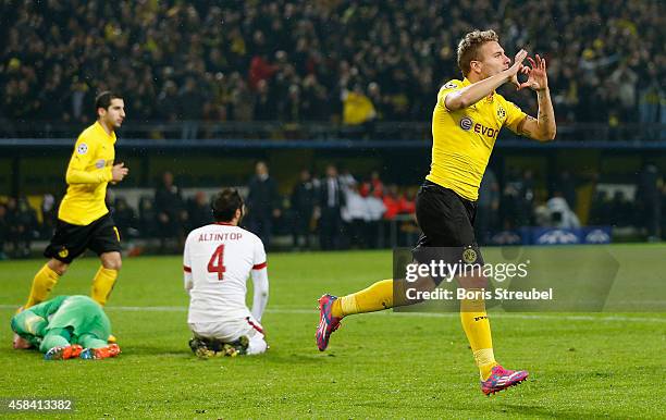 Ciro Immobile of Dortmund celebrates after scoring his team's third goal during the UEFA Champions League Group D match between Borussia Dortmund and...