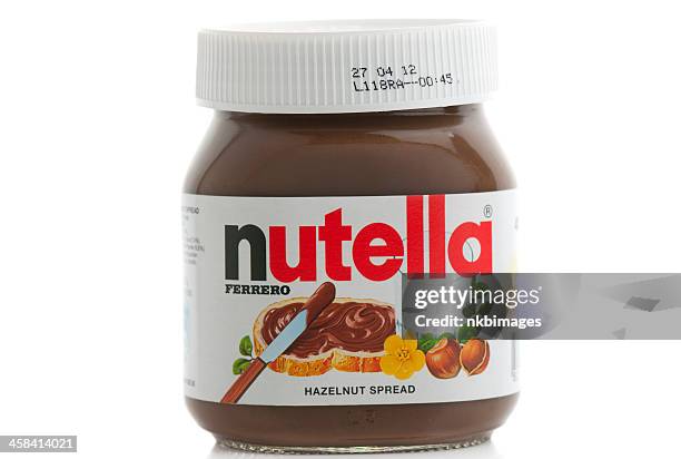 jar of chocolate nutella spread isolated on white background - expiry date stock pictures, royalty-free photos & images
