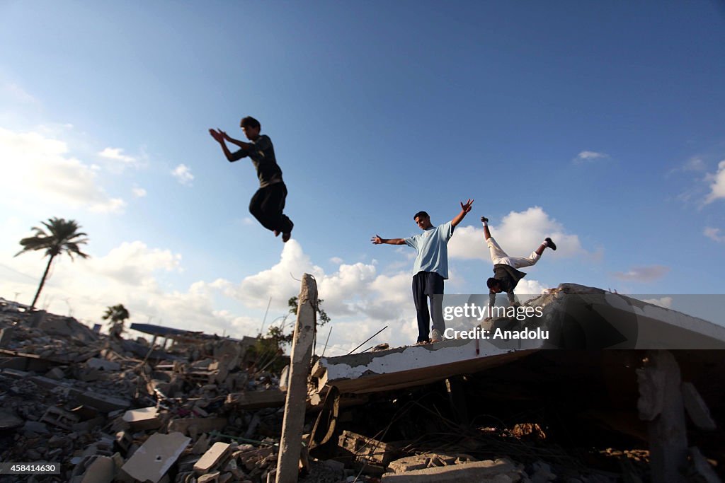 Palestinian youth practice their parkour skills