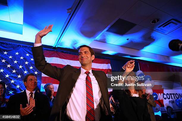 Rep. Tom Cotton and republican U.S. Senate elect in Arkansas greets supporters with his wife Anna Peckham during an election night gathering on...