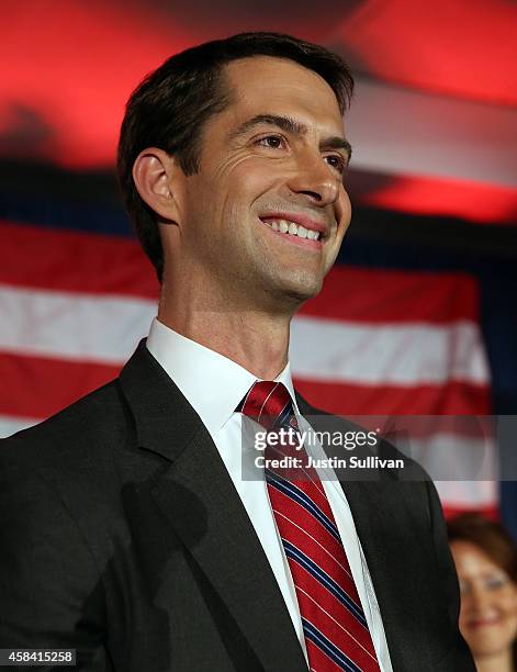 Rep. Tom Cotton and republican U.S. Senate elect in Arkansas greets supporters during an election night gathering on November 4, 2014 in Little Rock,...