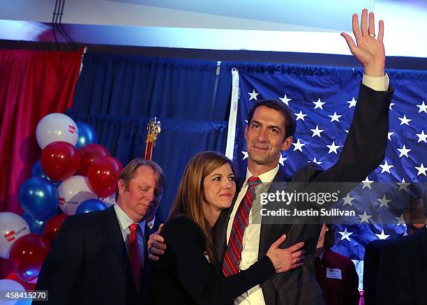 Rep. Tom Cotton and republican U.S. Senate elect in Arkansas greets members of his family during an election night gathering on November 4, 2014 in...