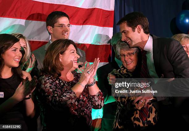 Rep. Tom Cotton and republican U.S. Senate elect in Arkansas greets members of his family during an election night gathering on November 4, 2014 in...