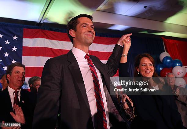 Rep. Tom Cotton and republican U.S. Senate elect in Arkansas greets supporters with his wife Anna Peckham during an election night gathering on...