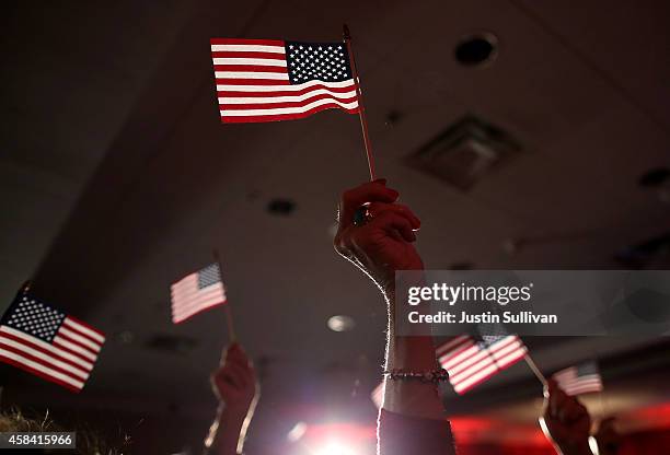 Supporters of U.S. Rep. Tom Cotton and republican U.S. Senate elect in Arkansas hold American flags during an election night gathering on November 4,...