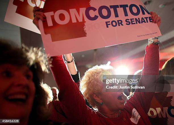 Supporters of U.S. Rep. Tom Cotton and republican U.S. Senate elect in Arkansas hold signs and cheer during an election night gathering on November...