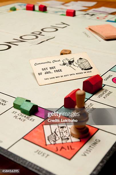 classic monopoly game with wood pieces - monopoly hotel stock pictures, royalty-free photos & images