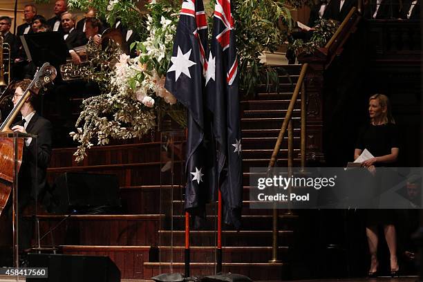 Cate Blanchett delivers a speech at the state memorial service for former Australian Prime Minister Gough Whitlam at Sydney Town Hall on November 5,...