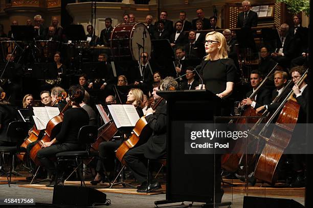 Cate Blanchett delivers a speech at the state memorial service for former Australian Prime Minister Gough Whitlam at Sydney Town Hall on November 5,...