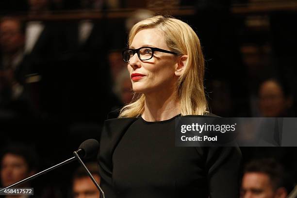 Cate Blanchett delivers a speech at the state memorial service for former Australian Prime Minister Gough Whitlam at Sydney Town Hall on November 5,...