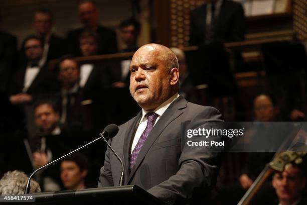 Noel Pearson delivers a speech at the state memorial service for former Australian Prime Minister Gough Whitlam at Sydney Town Hall on November 5,...