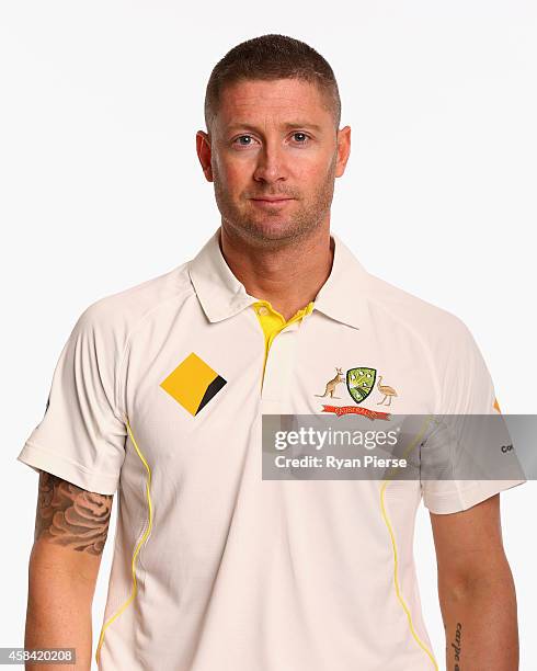 Michael Clarke of Australia poses during the Australia Test team headshots session at the Intercontinental Hotel on August 11, 2014 in Sydney,...